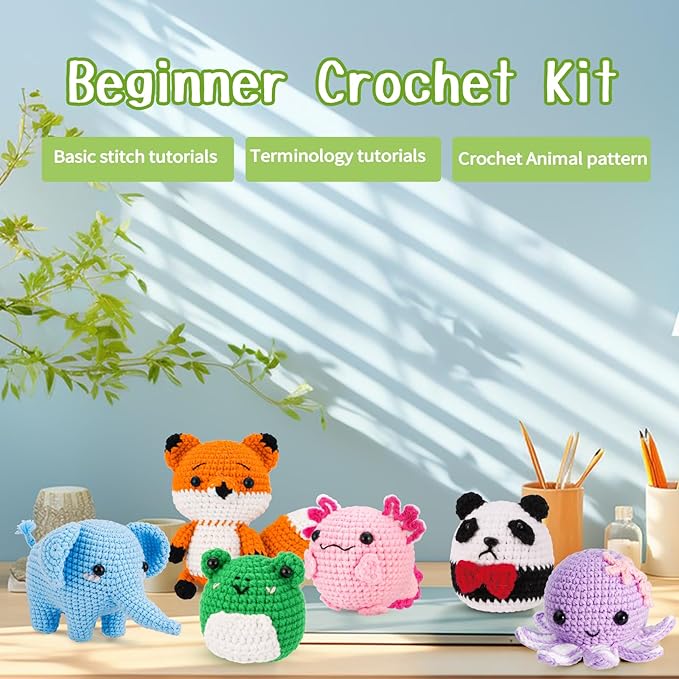 Gerute Crochet Kit for Beginners Adults Kids, Learn to Crochet with Step-by-Step Video Tutorials & Illustrated Guide, 40% More Yarn for 6 DIY Amigurumi Animal Projects, Complete Starter Supplies