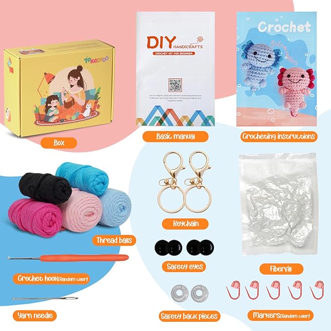 TAKADODO Crochet Kit for Beginners - Learn to Crochet Kits for Adults Beginner with Step-by-Step Video Tutorials - Crochet Kits for Adults and Kids (Axolotl)