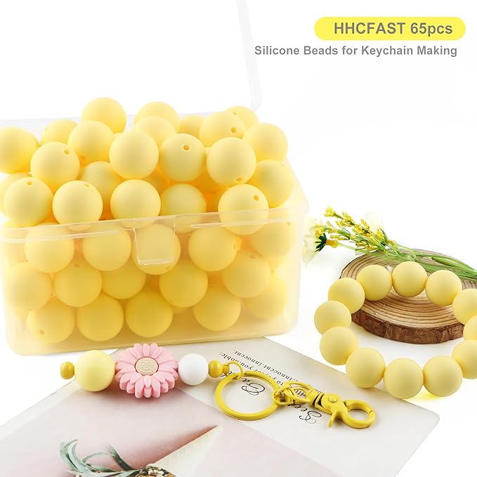 65Pcs 19mm Silicone Beads for Keychain Making Bracelet Necklace, Bulk Round Silicone Beads for Pens(Cream Yellow