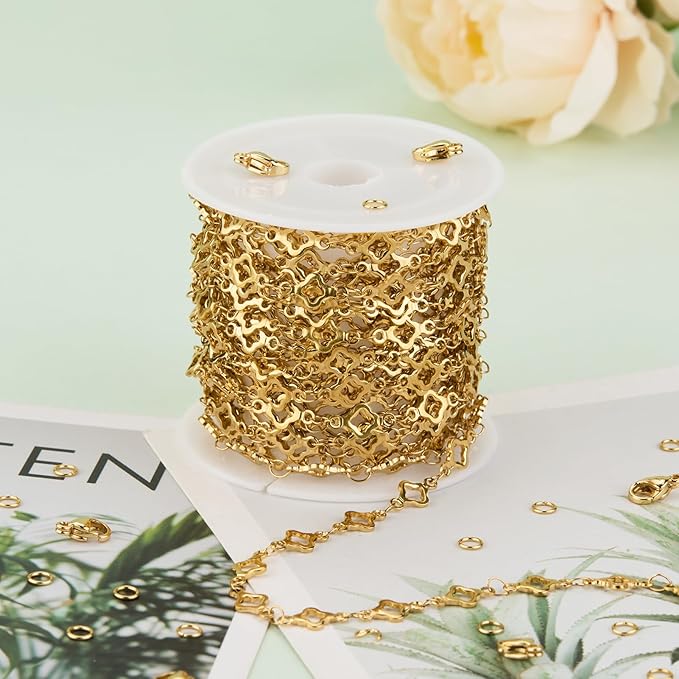 YOUBEIYEE 13 Feet Four Leaf Clover Chains for Jewelry Making Gold Plated Stainless Steel Chains Bulk on Spool
