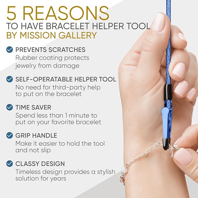 Mission Gallery Bracelet Helper Tool - Fastener Helper Tool for Bracelet, Necklace, Jewelry, Watch - Clip, Clasp Helper - Easy to Put on Yourself, Portable, Made of Metal, Blue