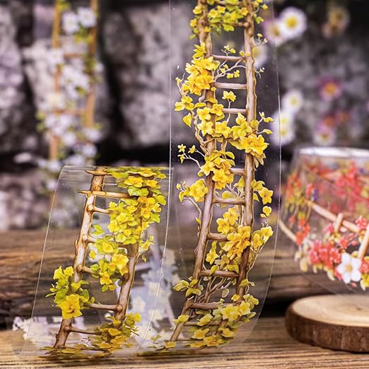 PET Washi Tape Stickers for Junk Journal Supplies,6 Rolls of Nature Floral Staircase Themed Journal Stickers for Scrapbooking,Journaling Supplies,Planer (Sunny)