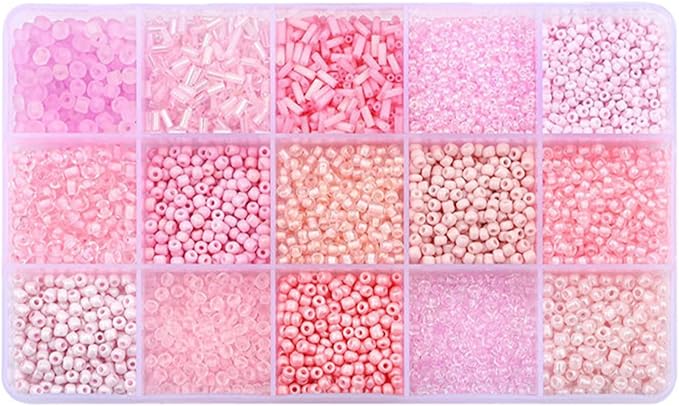 Mix 15 Color Glass Seed Tube Beads Glass Bugle Beads Loose Kit for Jewelry Making DIY Craft Beading (Mix 15 Color, Pink)