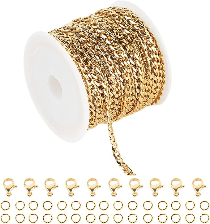YOUBEIYEE 16.4 Feet Gold Stainless Steel Curb Cuban Chain for Jewelry Making Necklace Choker DIY Findings Chain Spool with Jump Rings Lobster Clasps