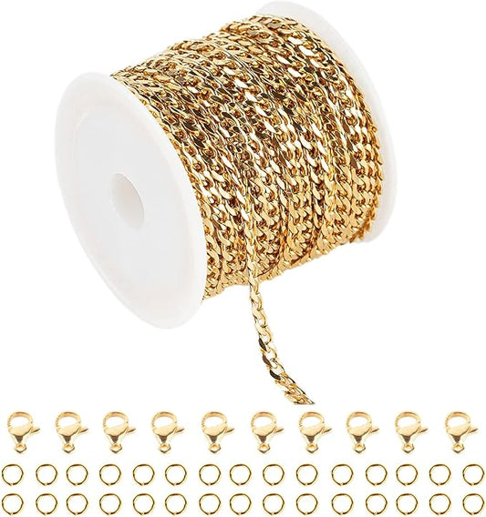 YOUBEIYEE 16.4 Feet Gold Stainless Steel Curb Cuban Chain for Jewelry Making Necklace Choker DIY Findings Chain Spool with Jump Rings Lobster Clasps