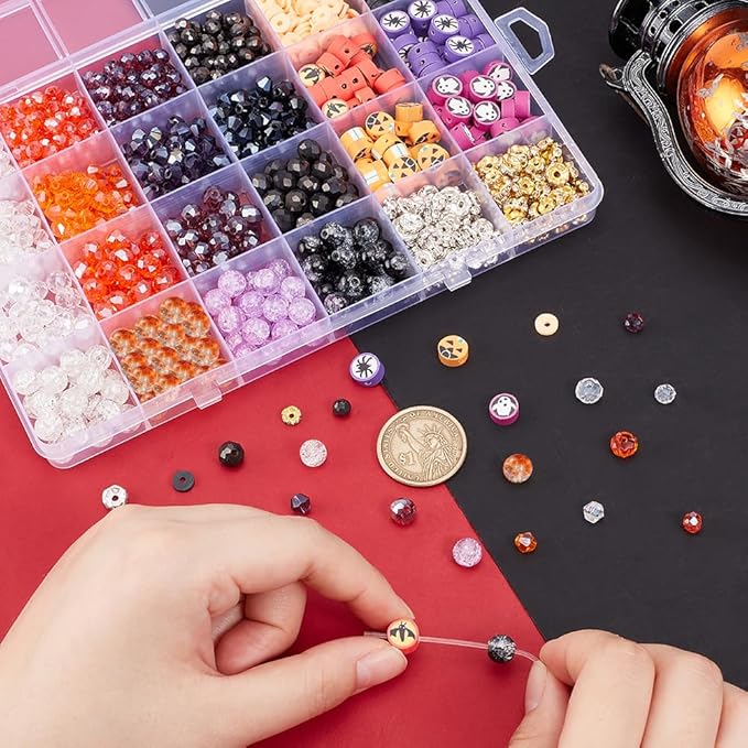 PH PandaHall 1288pcs Halloween Glass Beads for Jewelry Making, Faceted Glass Bead Clay Bead Rhinestone Spacer Beads Bracelet Making Kit for Jewelry Making Bracelet Necklace, 6-9.5mm
