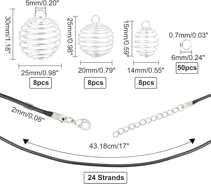 PH PandaHall Iron Crystal Holder Necklace Kit, 24pcs 3 Sizes Spiral Stone Tumbled Rock Bead Cage with 24pcs 17" Waxed Cotton Necklace Cord 50pcs Jump Rings for Lucky Charms,14/20/25mm