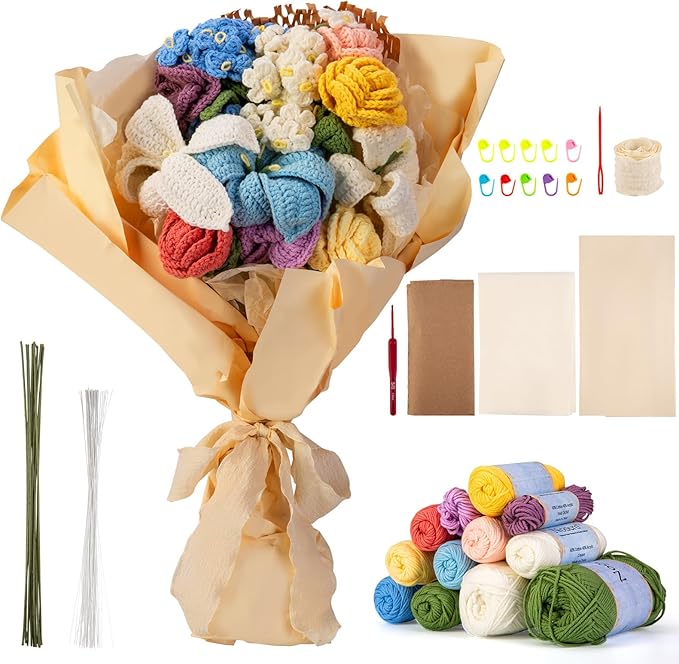 Noocro Crochet Kit Flower Bouquet, Rose, Lily Myosotis, Poppy, Tulip and Orchid with Video Tutorial and Detailed Instructions, Complete Kit Craft Supplies Holiday Gift (Flower Bouquet)