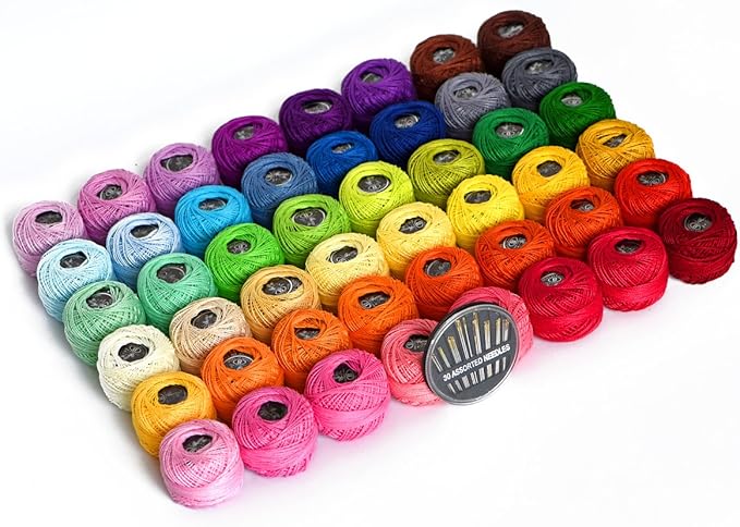 LE PAON 48 Crochet Thread Set Balls 100% Long-Staple Cotton Rainbow Colors of Size 8 Threadand Free 30 Golden Needles 48 Balls for Crochet Hardanger Cross Stitch Needlepoint Hand Embroidery