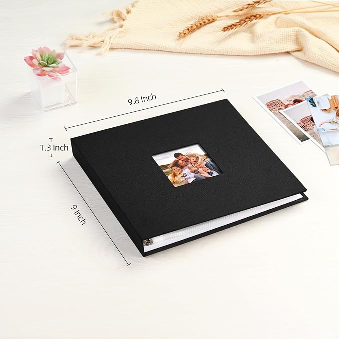 Mublalbum 8x8 Inch DIY Scrapbook Photo Album with 20 Plastic Sleeves 40 Pages Linen Cover 3 Ring Folder Binder for Wedding Baby Family and DIY Projects (Black)