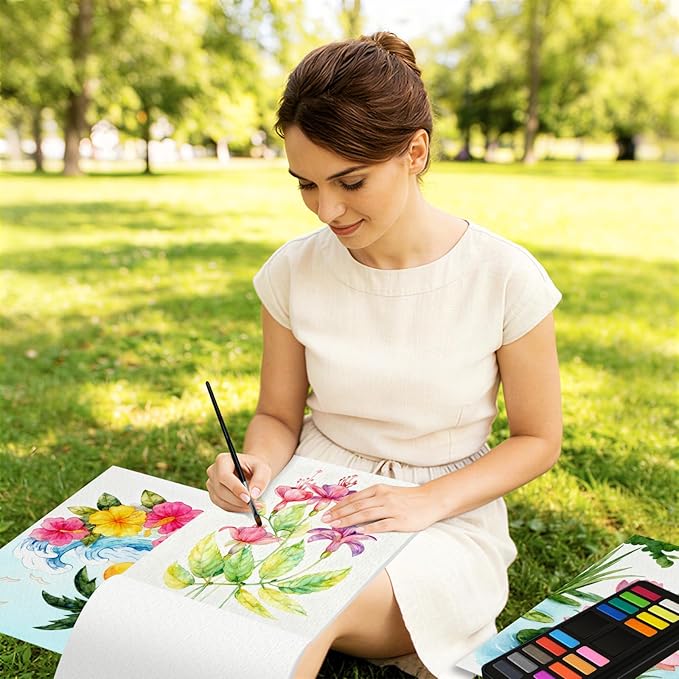Elfew Flower & Landscape Watercolor Workbook, Watercolor Coloring Books for Adults & Beginners, 20 Pattern with 160gsm No-Bleed Cold-Pressed Paper（No Paints Included）