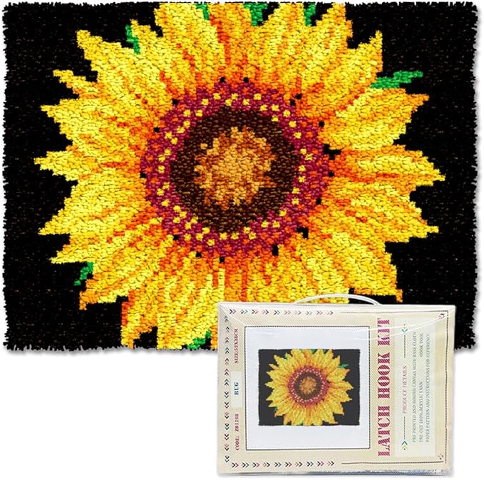 ORIGACH Sunflower Latch Hook Rug Kits, Color Stamped Grid Cloth Handmade Rug, Pattern Printed Carpet Kit, DIY Crochet Rug for Adults Home Decoration Festival Gifts 52 x 38 cm
