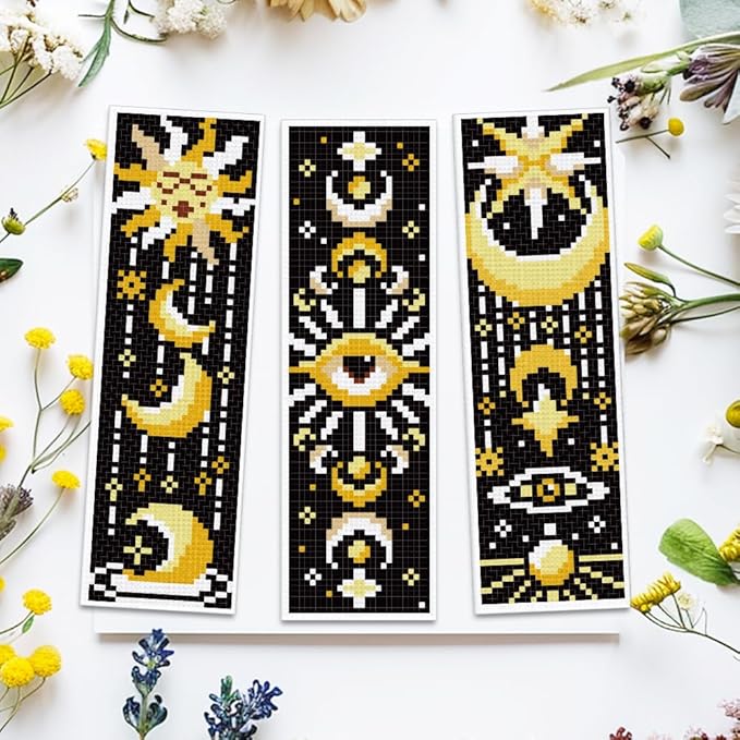 ACRNIGHEET 6PCS Cross Stitch Bookmark Kit for Beginner Sun and Moon Pattern Stamped Cross Stitch Kits for Adults Crossstitch Kits Adult Bookmarks with Instructions Hand Embroidery Craft Gift 11CT