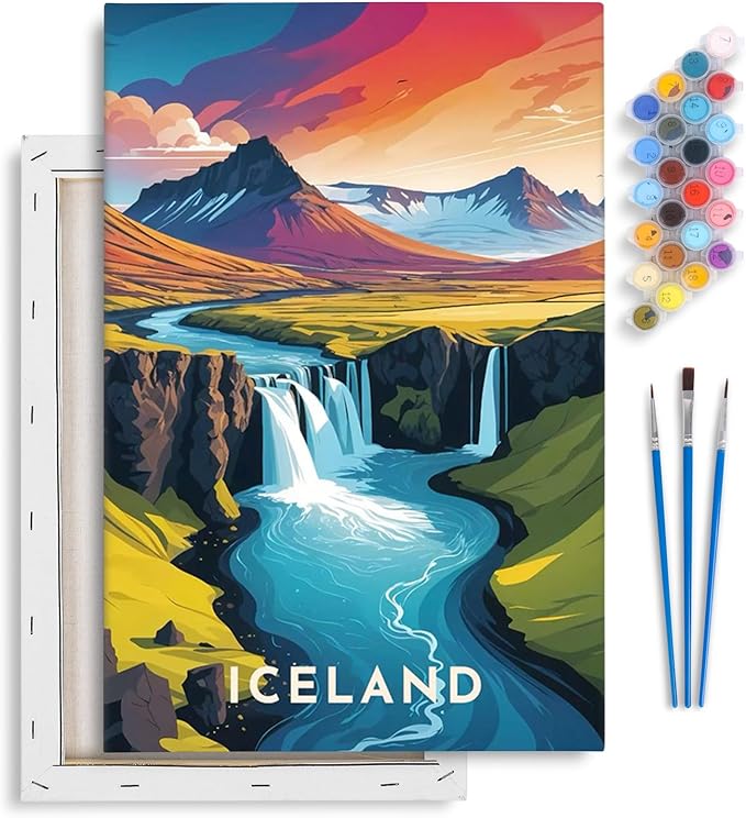 Yezavesu Framed Paint by Numbers Kit for Adults Beginner & Kids Ages 8-12, Iceland Landscape Paint by Numbers with Frame, DIY Number Painting for Adults Waterfall for Home Wall Decor Gift 8X 12 inch