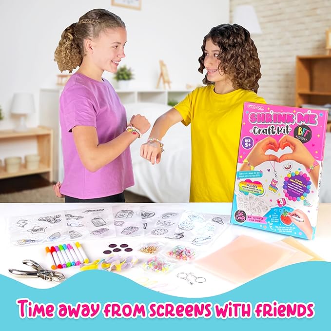GirlZone Shrink Craft Kit - Pre-Designed Shrink Plastic Sheets & Chalk Pens - DIY Keychain Making Kit & Fridge Magnet Crafts - Screen-Free Kid Art Activity - Ages 8-12, Pre-Designed