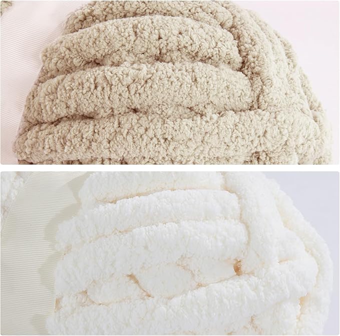 MABOZOO Assorted Chunky Yarn for Crocheting - 8 Pack, Fluffy Chenille & Giant Thick Fuzzy Yarn - 4 White & 4 Khaki (31.7 yds, 8 oz Each)
