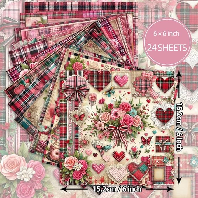 Vintage Valentine Scrapbook Paper Pad ,6"×6” Single-Sided Scrapbooking Decoupage Cardstock Origami Decorative Craft Paper for DIY Crafts, Card Making, Art Journaling, 24 Sheets 12 Designs
