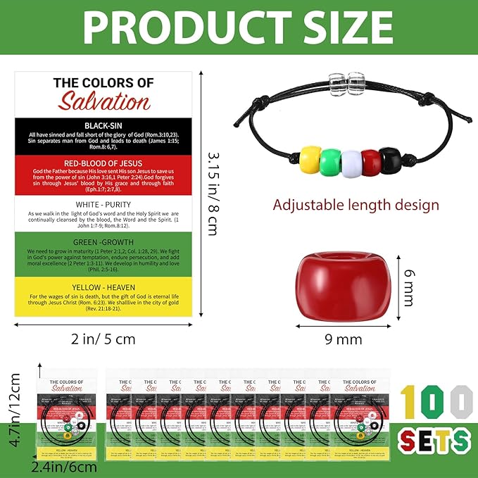 Misdary 300 Pcs Plan of Salvation Wristband Bracelets Gift with Tracts Prayer Christian Pocket Cards DIY White Red Green Yellow Blue Beads Holy Teaching Wristband Kit for Evangelism