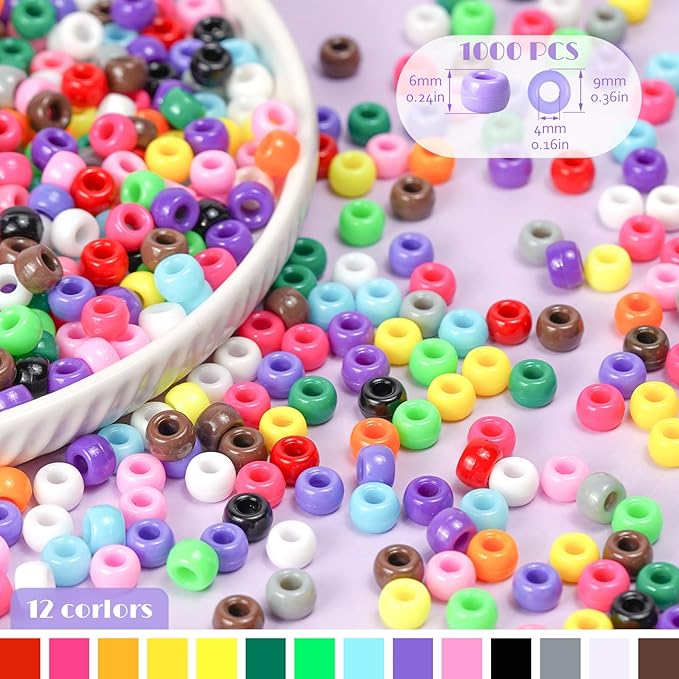 1000+Pcs Pony Beads for Bracelets, 12 Colors Rave Kandi Bead Bulk Plastic Hair Beads for Jewelry Making Rainbow Colorful Large Hole Bead Arts and Crafts DIY Necklace Keychain Making