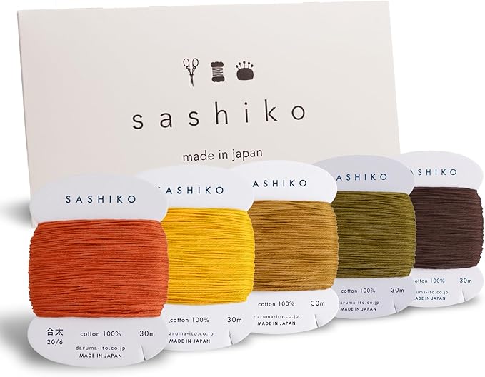 DARUMA Sashiko Thread 100% Cotton Card Type (32.8 yd) x 5 Colors with English Manual, Sewing & Embroidery Value Set with Gift Package(Thick, Kouyou)