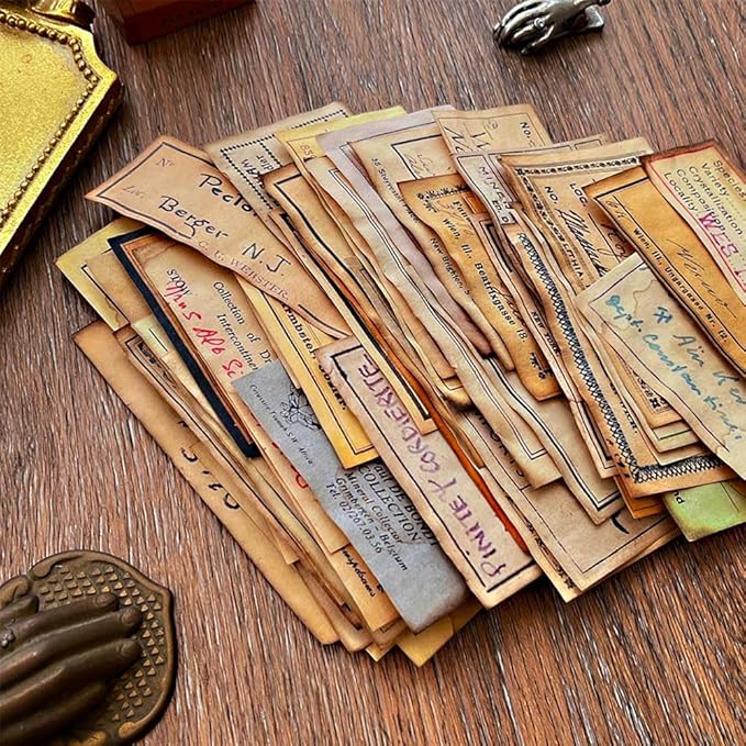 Coffee Stained Junk Journal Supplies, Handwritten Style Ephemera for Junk Journals, 45pcs Vintage Decoupage Paper for Scrapbook Kit, Aged Tag Label Materials for Room Decor Wall Collage Kit