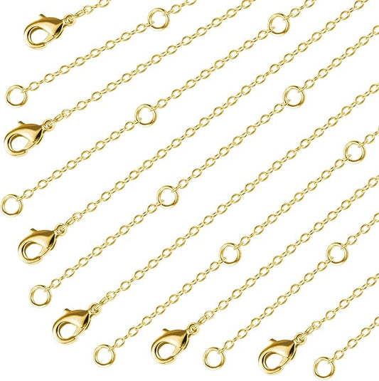 wholesale 12 pcs 14k real gold plated solid brass thin o chain necklace 1 mm finished chain bulk for jewelry making, size 16" + 2" extender