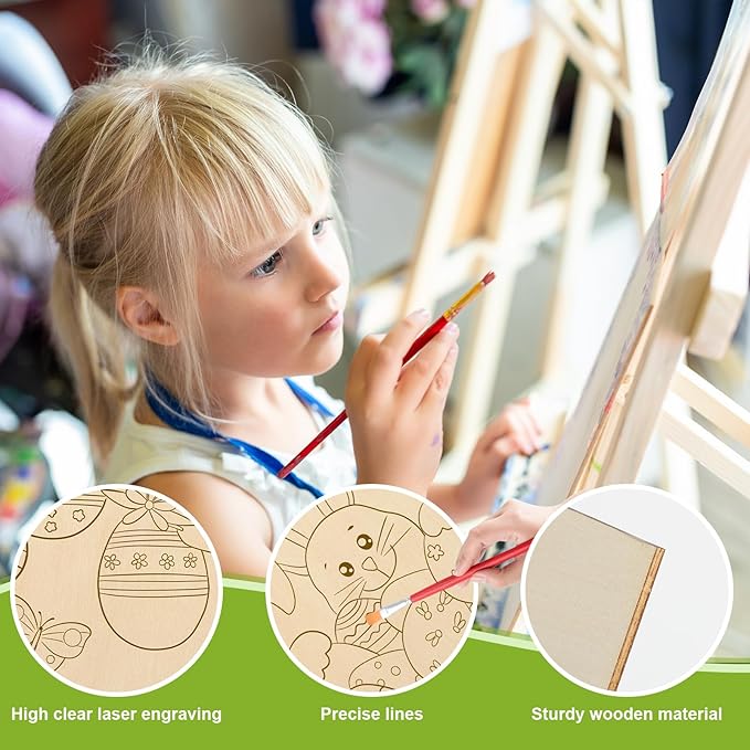 COCHIE 10 Pieces Large Easter Unfinished Wood Crafts to Paint for Adults, Bulk Predrilled Wooden Ornaments for Painting, Bunny Duck Eggs Paintable Wood Slices Craft Supplies with Ropes