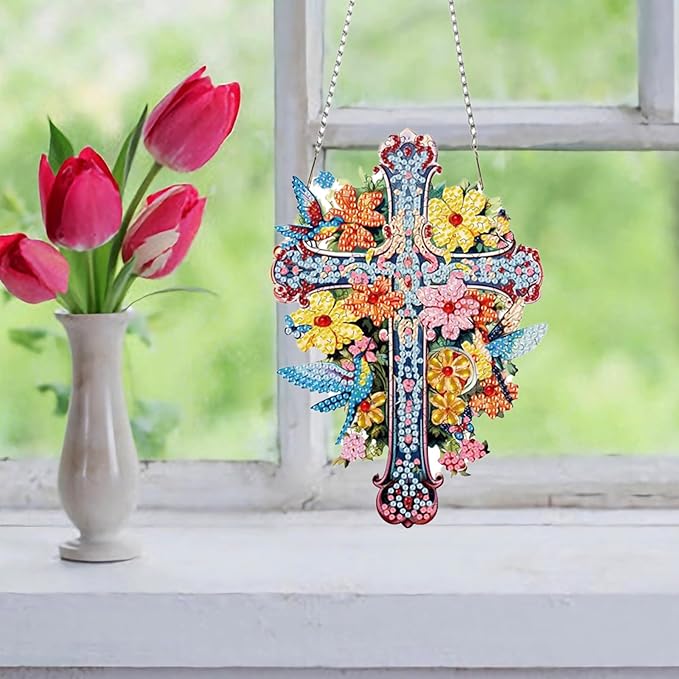 Auremi Cross Diamond Art Painting Pendant Kits with Chain 5D Flower Diamond Art Hanging Kit DIY Diamond Crystal Window Door Hanging Pendant Kit for Adults Gift Wall Decor