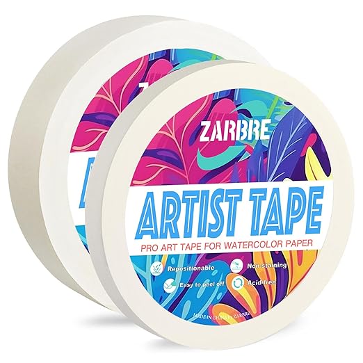 Artist Tape, 2 Pack White Art Tape for Watercolor Paper, Medium Tack Masking Drafting Tape for Painting Canvas Framing, Acid-Free, 0.5" x 164 FT & 1" x 164 FT