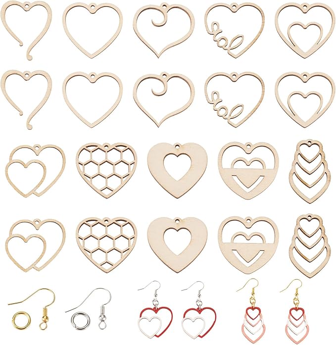 Elecrelive 60pcs Valentine's Day Wooden Earring Set Wooden Heart Charms Unfinished Wood Charms Wood Cutout Earrings for DIY Earring Necklace Jewelry Making