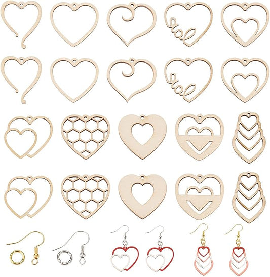 Elecrelive 60pcs Valentine's Day Wooden Earring Set Wooden Heart Charms Unfinished Wood Charms Wood Cutout Earrings for DIY Earring Necklace Jewelry Making