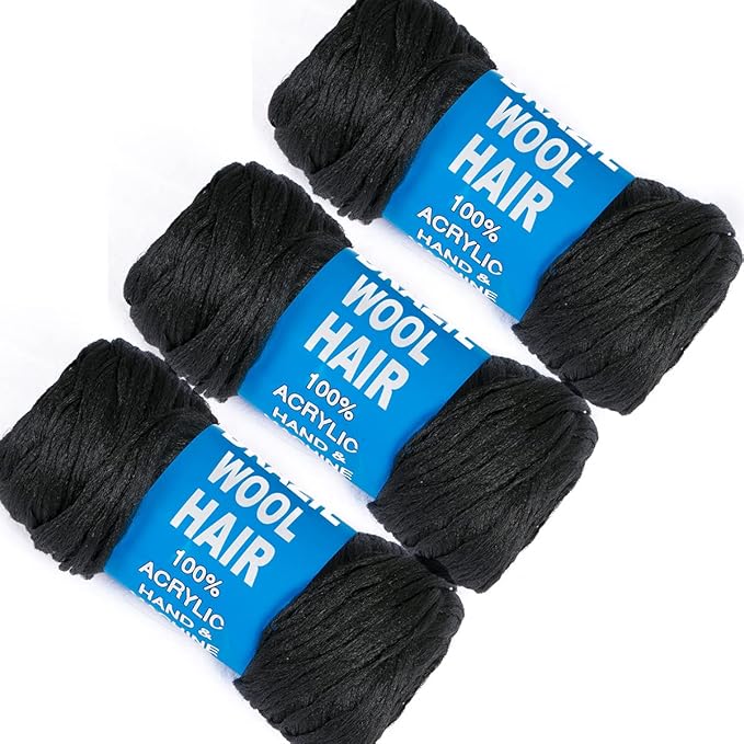 3Pcs Brazilian Yarn Wool Hair Arylic Yarn for Hair Crochet Braid Twist Warps Black Color