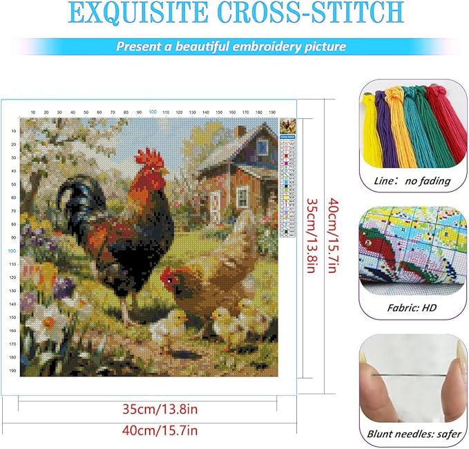 KYOQFVN Farm Counted Cross Stitch Kits for Adults, Rooster Stamped Cross Stitch Kits, Needlepoint Cross-Stitch Patterns Embroidery Kits Arts and Crafts for Home Decor 14×14Inch