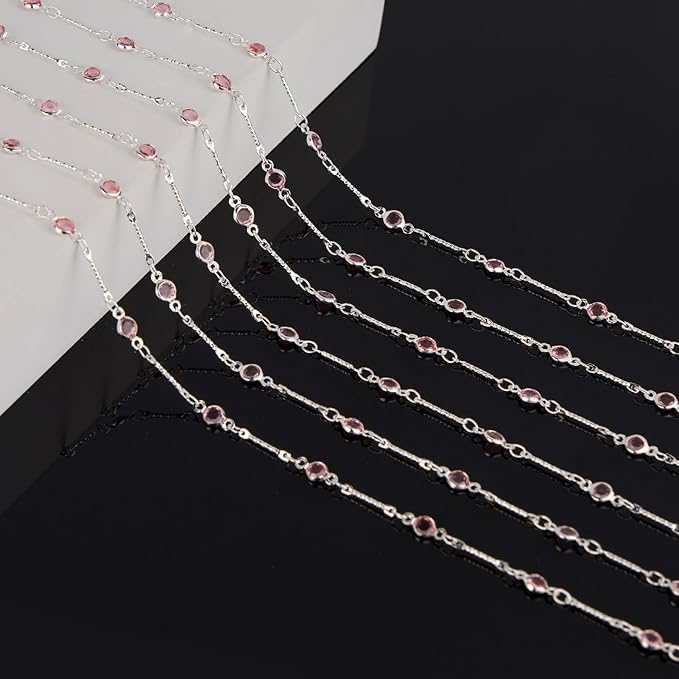 KYUNHOO 16.4 Feet Pink Rhinestone Bead Jewelry Chain Roll Stick Links Silver Chains for Jewelry Making with Connectors DIY Handcrafts