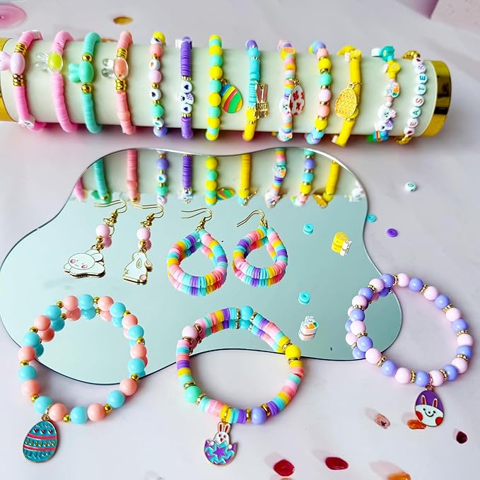 1955Pcs Easter Beads for Bracelets Jewelry Making Kit, Candy Color Assorted Spring Beads Easter Egg Bunny Clay Beads Cute Kawaii Pastel Beads with Easter Charm for DIY Crafts Necklace Earring Phone