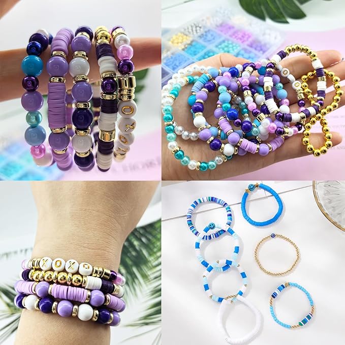 2220pcs Purple Blue Polymer Clay Beads Assorted Pearl Acrylic Round Heishi Flat Round Letter Silver Gold Spacer Beads for Friendship Bracelet Necklace Jewelry Making