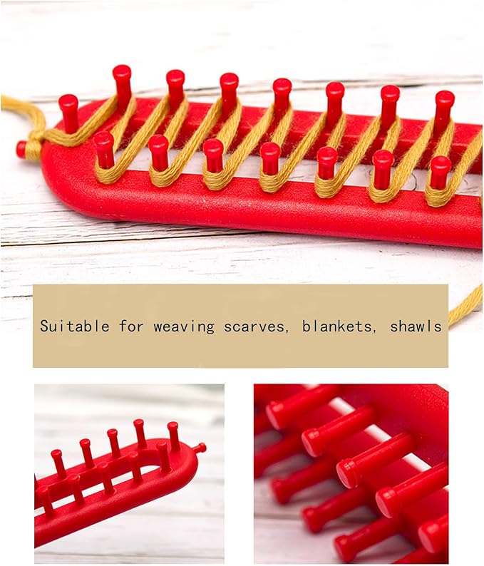 Rectangle Knitting Looms，Plastic Weaving Looms Set，Weaving Loom，Scarf Hats Making Tools，DIY Crocheting Handmade Craft Kit with a Crochet Hook and Needle for Knitting Lovers，26 cm (Red)