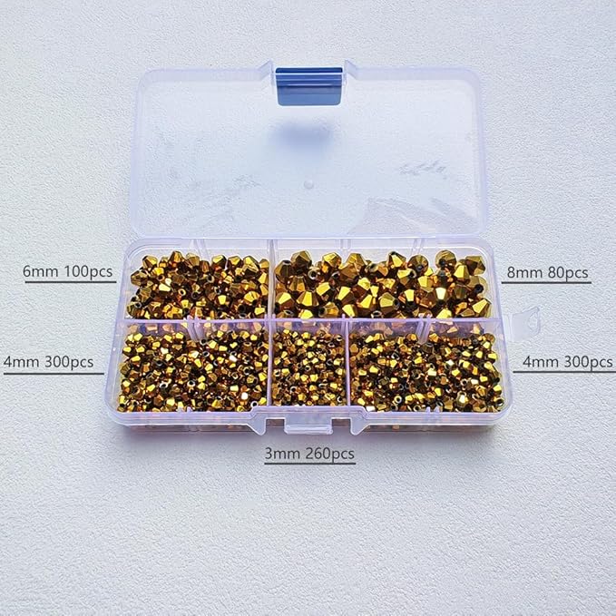 Bicone Glass Beads for Jewelry Making, Faceted Crytal Spacer Beads for Bracelet Necklace Earring (3mm 4mm 6mm 8mm Mixed Sizes, Deep Gold 1040pcs)