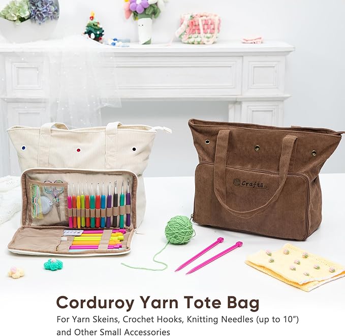Large Corduroy Yarn Bag - Tote for Crochet Hooks & Accessories - Knitting Storage Bag