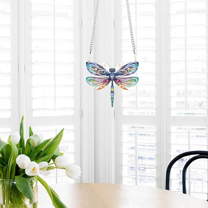 AiYuanzsh Animal Dragonfly Diamond Painting Kit Ornament with Hanging Chain DIY Diamond Art Acrylic Crystal Hanging Pendant Paint by Number Stained Glass Wall Art for Adults Home Wall Decor Gift