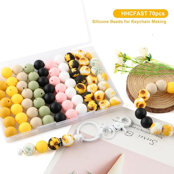 70Pcs Print Silicone Beads for Keychain Making,Round 15mm Silicone Beads for Pens, Necklace and Bracelets Making（Floral Print）