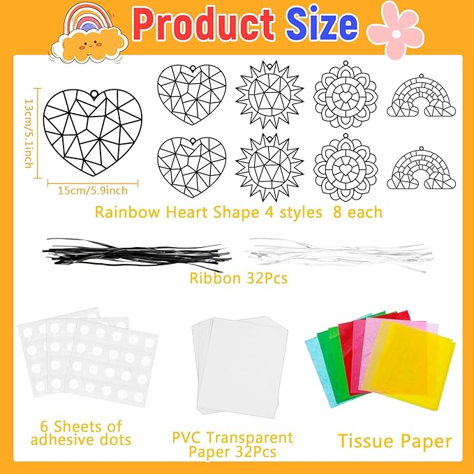32 Sets Spring Crafts Suncatchers Kit DIY Rainbow Window Stained Glass Effect Paper Decoration Back to Art Craft Creative Activity Project Party Favors