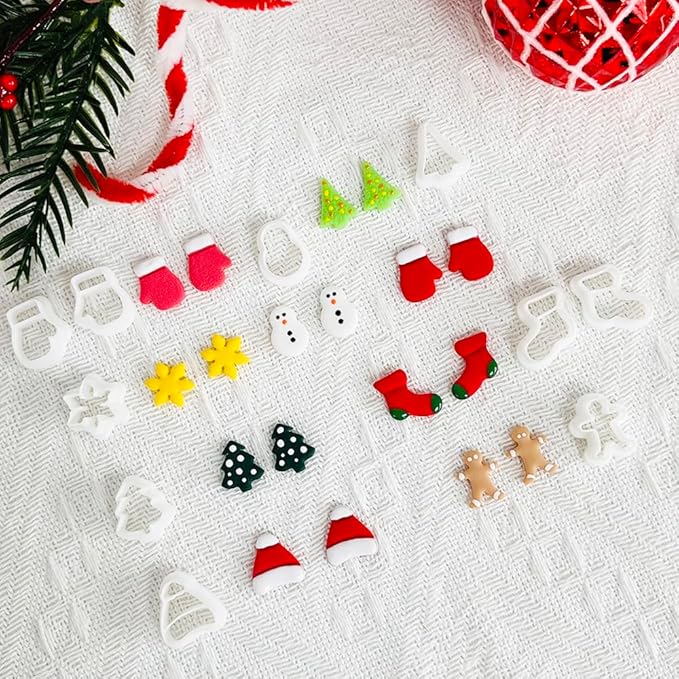 Xaekicr Christmas Polymer Clay Cutters Set – 10 Pcs Clay Earring Cutters for Holiday Crafts, Snowman Gingerbread Tree Mittens – Polymer Clay Molds and Tools for Jewelry Making