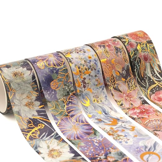 YUBBAEX Blooming Washi Tape Set Gold Foil Masking Tape Peony Wide Decorative for Arts, DIY Crafts, Journal Supplies, Planners, Scrapbook, Card/Gift Wrapping -25mm- (Purple Flowers)