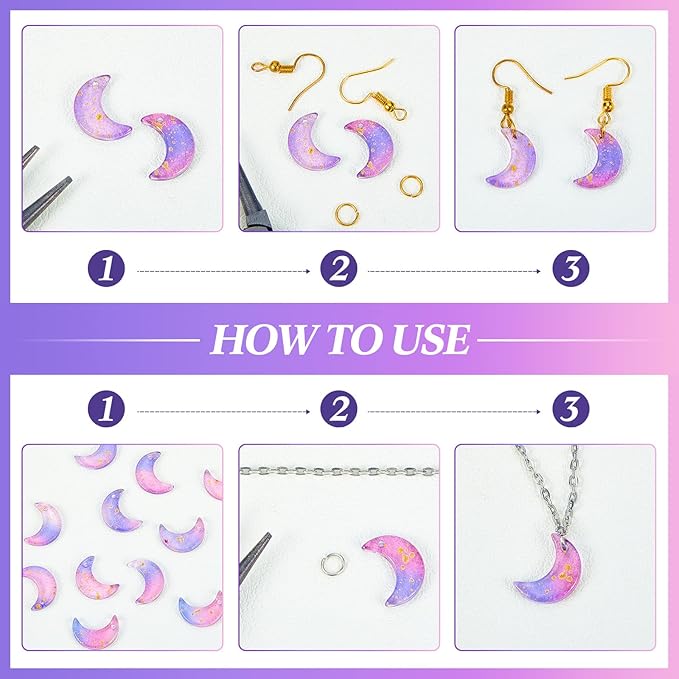 200 Pcs Crystal Charms Moon Pendants Crescent Shape Glass Tiny Hanging Pendants with Gold Foil Small Moon Pendant with Storage Box for Jewelry Making DIY Craft Beads Necklace Earrings, 16 x 11.5 mm