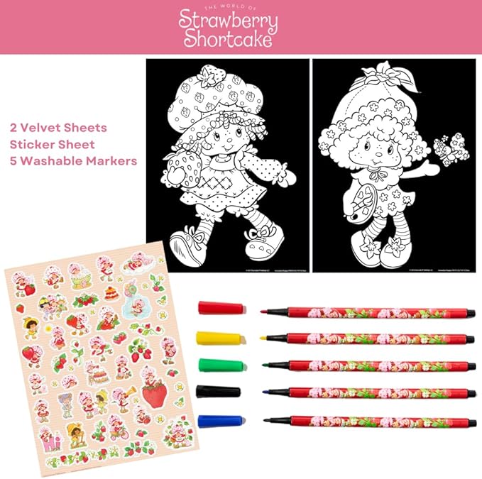 Strawberry Shortcake Coloring Book for Adults and Kids, Black & White Sheets, Velvet Coloring Pages, Stickers, Washable Markers