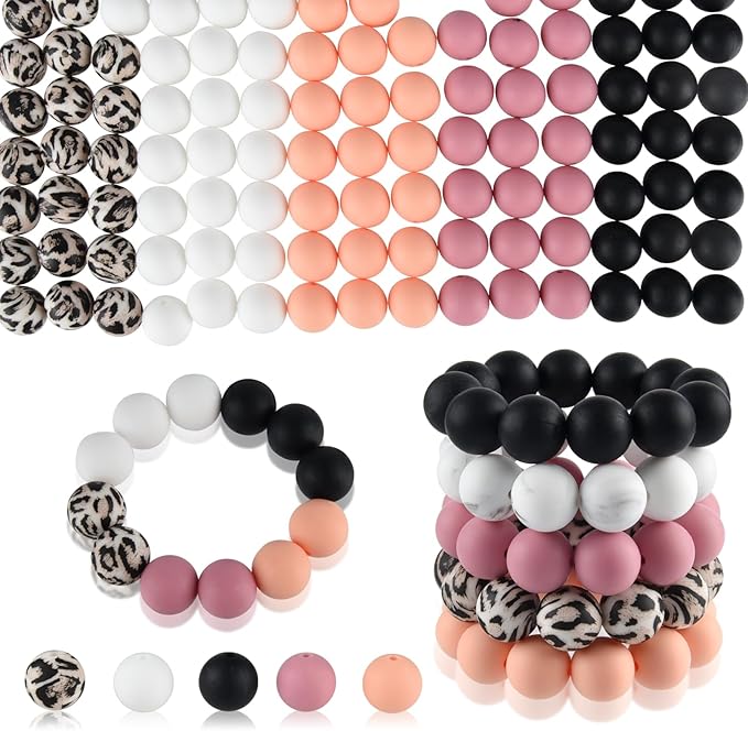 ASTARON 100 Pcs 15mm Silicone Beads for Keychain Making, Peach-Pink Black Leopard Silicone Round Beads Bulk for Bracelets Pens Crafts Supplies