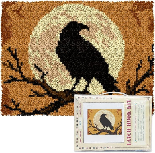 ORIGACH Black Raven & Moon Latch Hook Rug Kit for Adults Printed Rug Making Kit Handmade Carpet Tapestry Cover with Hook Latch and Preprinted Canvas, Home Arts Crafts Sofa Decor, 20.5x15inch