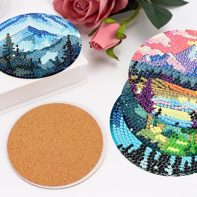 igoodom 8 Pcs Diamond Art Coasters Kit with Holder, DIY Landscape Diamond Painting Coasters for Beginners Adults, Non Slip Diamond Art Kits Craft Supplies 4x4inch