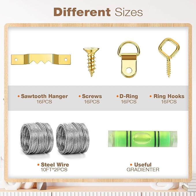 322Pcs Picture Hanging Kit, Professional Picture Hangers with Hooks, Nails, Wire, D Rings, Sawtooth Hangers ,Eye Hooks and Level–All-in-One Wall Hanging Kit for Frames, Mirrors, Photos & Art